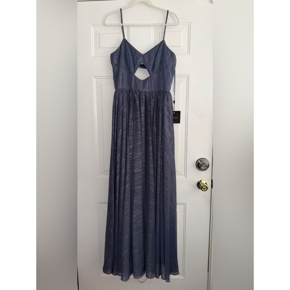 Ieena for Mac Duggal Maxi Dress with Front Cutout. Slate blue w/ gold. Sz 10